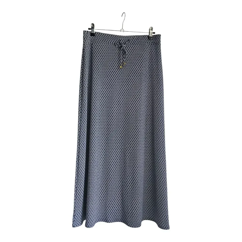 Michael Kors Maxi Skirt Size M Stretch Geometric Navy White Tie Waist Pull-On